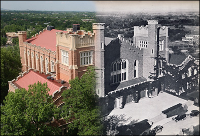This composite image shows Macky Auditorium in the 1920s and as it looks today.